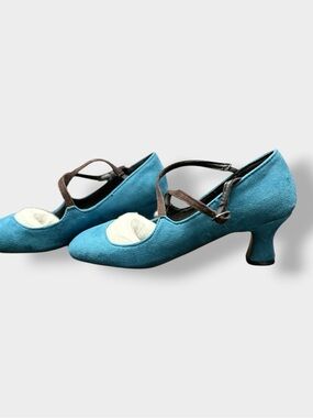 Teal Suede NIB Mary Jane Heels with Brown Cross Straps- Size 40